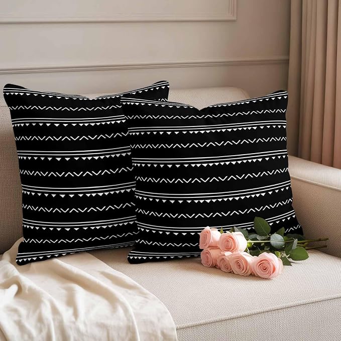Black Boho Outdoor Waterproof Throw Pillow Covers Set of 2, 18"x18", Geometric Stripes Triangle Decorative Pillow Covers Outside Cushion Case for Patio Porch Garden