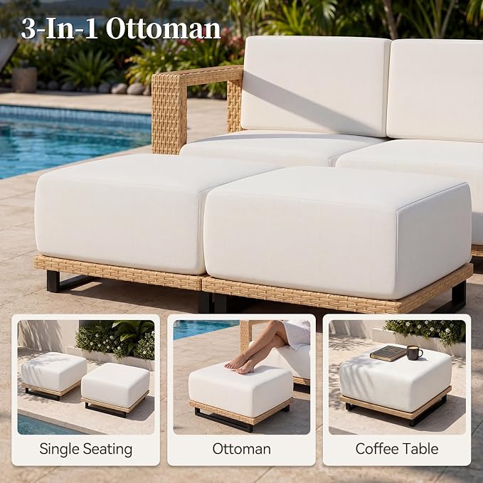LazySunsets Patio Furniture Set, Wicker Outdoor Sectional Sofa with 10'' Ultra-Thick Cushions & Ottomans, All-Weather Rattan Conversation Set for Backyard Poolside, Yellow/Beige 8 Pieces