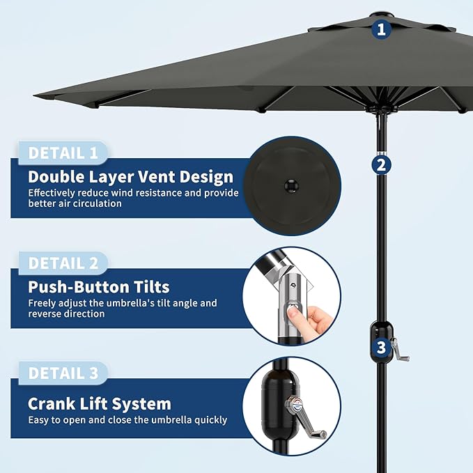 10Ft Patio Umbrella - 8 Sturdy Ribs Outdoor Table Umbrella with Crank Lift & Push Button Tilt - Market Umbrella for Pool, Deck, Yard, Garden - Turquoise