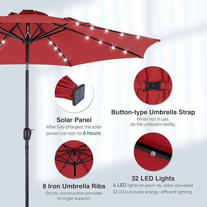 DUMOS LED Outdoor Patio Umbrella 10 FT UV-Resistant Market Umbrella with Tilt Adjustment & Crank Lift, All-Weather Shade for Backyard, Deck, Garden, Beach