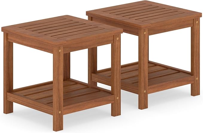2 Pieces Adirondack Side Table, 2-Tier Square Wood Patio End Tables with Slatted Tabletop Storage Shelf, Accent Small Side Table Indoor Outdoor for Garden, Backyard, Porch & Living Room