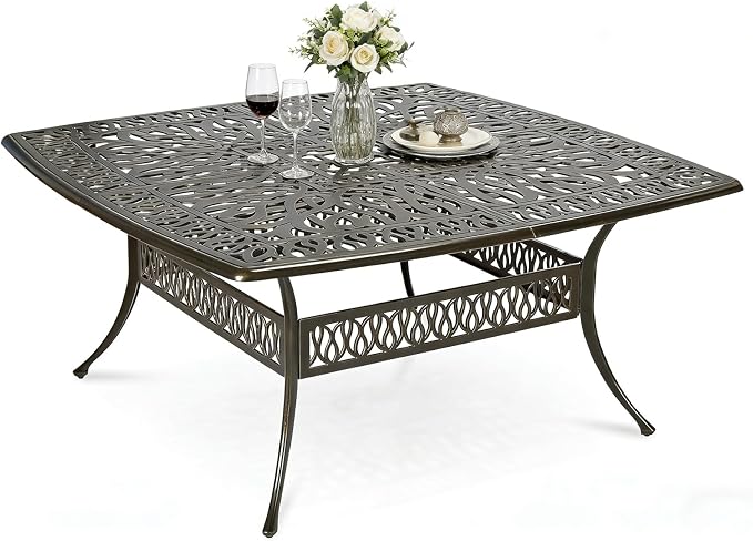 MEETWARM Outdoor 64" Square Patio Dining Table for 8, All Weather Cast Aluminum Large Patio Furniture Table Fits for 8-10 Person with 2.2" Umbrella Hole for Garden Backyard Lawn, Dark Bronze