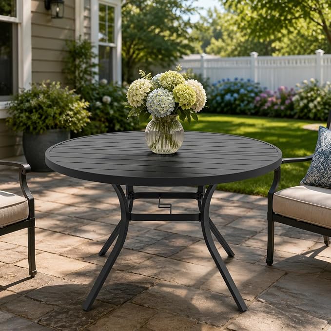Anmutig Round Outdoor Dining Table, 48 Inch All-Weather Patio Table with Adjustable Umbrella Hole for Deck Lawn Garden Backyard Balcony Deck, Black Metal Frame Slatted Tabletop