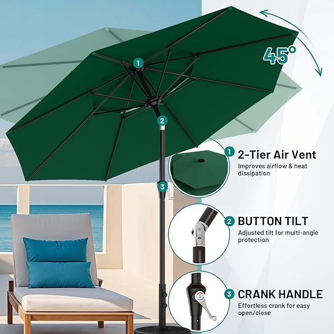 AreShark 10ft 2 Tiers Patio Umbrella - Outdoor Umbrella Waterproof UV Protection, Market Table Umbrella w/Push Button Tilt&Crank for Pool, Porch, Garden(Dark Green)