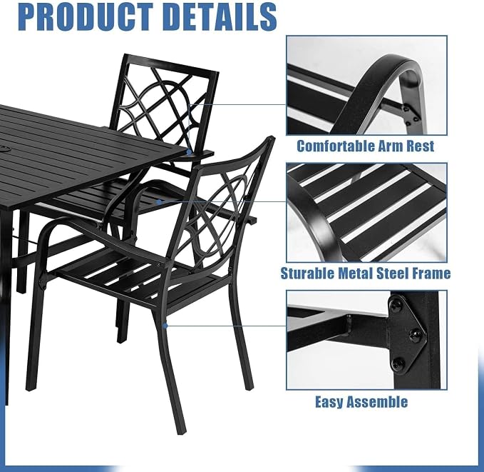 Oakcloud 5-Piece Patio Dining Set with Brown Umbrella, Outdoor Metal Furniture Dining Table Set, 4 Stackable Patio Dining Chairs and Square Dining Table with Umbrella Hole