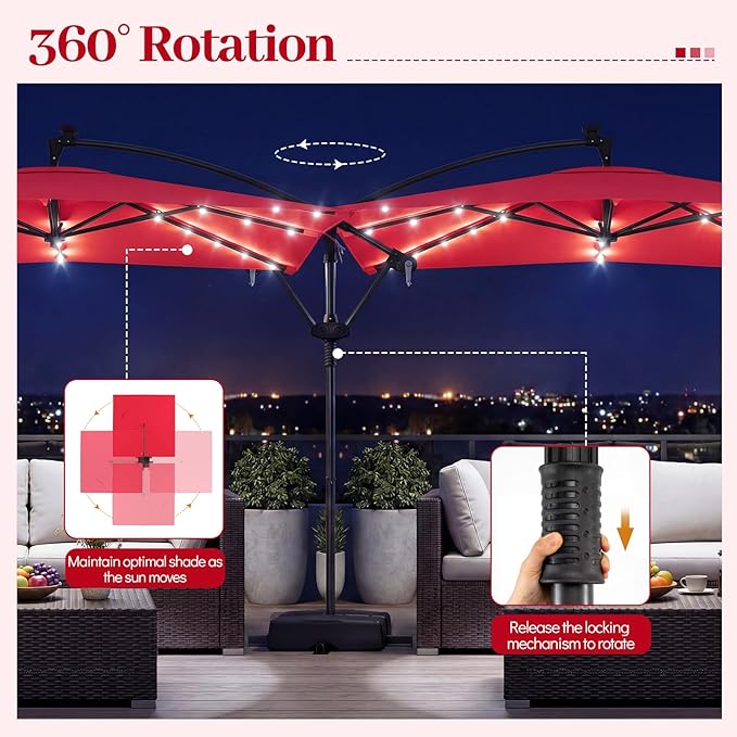 Tangkula 8x8 FT Solar Patio Umbrella with Base Included, Square Offset Cantilever Outdoor Umbrella with 360 Degree Rotation, 32 LED Lights, Crank Handle, 2 Sandbags, 8 Ribs, Air Vent for Pool Deck Garden Backyard