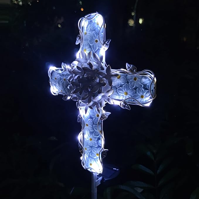 COOZZYHOUR 38Inch Solar Cross Garden Lights Outdoor Decorative - Solar Metal&Glass Cross White Hydrangea Flower Stake Lights- Waterproof 20 Warm White LED for Remembrance Gifts & Sympathy Gifts.