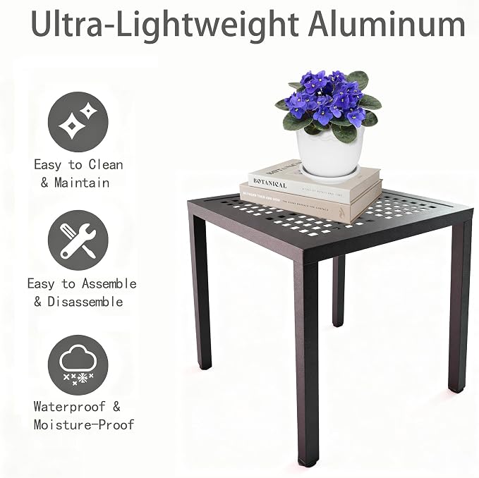 Square Aluminum Outdoor Side Table, Rustproof Patio Coffee Table | Powder-coated scratch-proof aluminum top, all-weather frame, easy assembly for garden, deck & pool