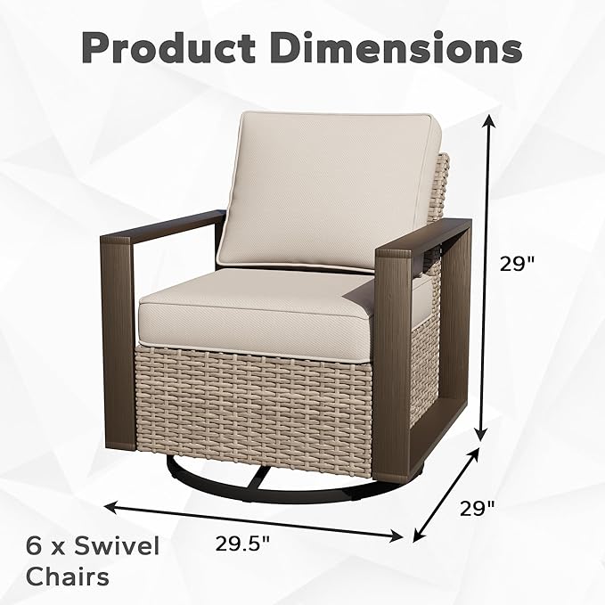 Joyside Outdoor Patio Swivel Rocker Chairs Set, 6 Pieces Wicker Rattan Chairs with Metal Wide Armrest, Thick Cushions and Deep Seating for Garden, Backyard, Porch, Deck