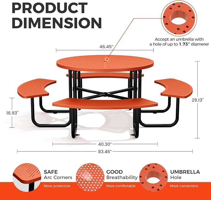 46" Coated Round Metal Picnic Table for 4-8 Person, Durable Heavy Duty Commercial Picnic Table with Umbrella Hole for Outdoor Coffee Shop, School, Easy to Install, Orange