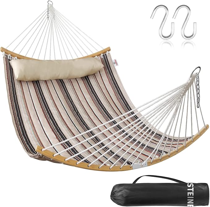 2 Person Hammock with Hanging Kits, Quilted Hammock for Tree with 2 Pcs Heavy Duty Stainless Steel S Hooks, 1 Detachable Pillow, Curved Spreader Bar,Chains, Carrying Bag,450 LBS Capacity