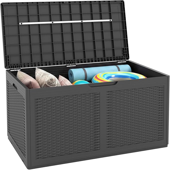 Giantex 100 Gallon Resin Outdoor Storage Box, Waterproof Deck Box w/Lockable Lid & Wheels, Rattan Storage Container Bench for Patio Cushions, Pool Accessories, Gardening Tools, 440 lbs (Grey)