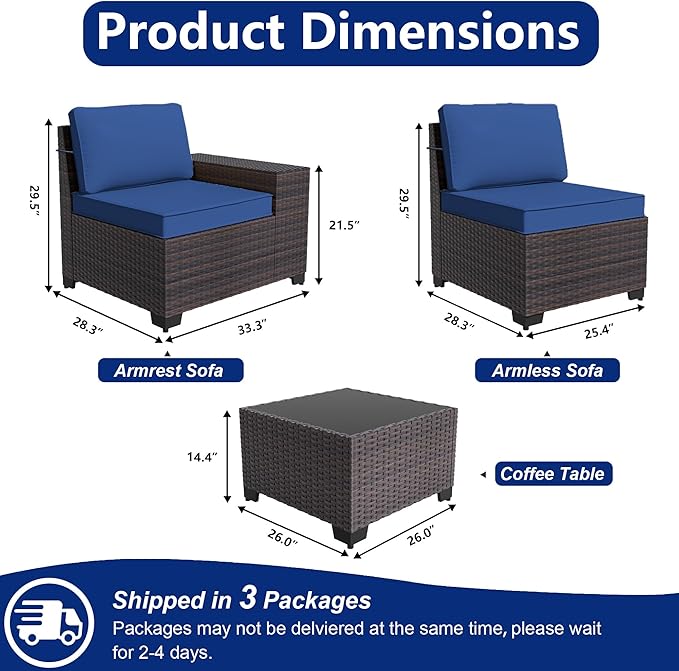 Outdoor Patio Furniture Set with Gas Fire Pit Table, 7 Pieces Patio Furniture Set Outdoor Sectional Sofa w/43in Propane Fire Pit, PE Wicker Rattan Patio Conversation Set - Dark Blue