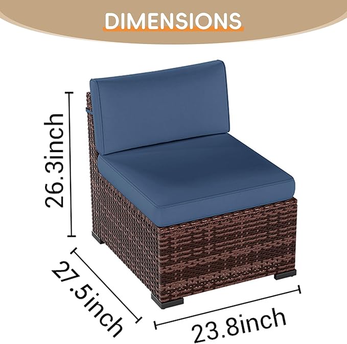 Patio Furniture Set, 5 Pieces Outdoor Sectional Sofa Set, PE Wicker Rattan Slanted Back Outdoor Conversation Set with Cushions and Glass Coffee Table, Navy Blue
