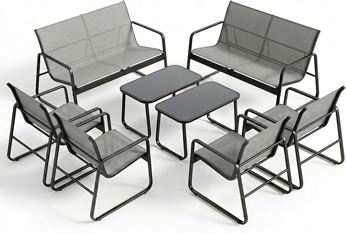 Gizoon 8 PCS Outdoor Patio Conversation Set, All Weather Metal Teslin Fabric, Patio Furniture Set with 2 Loveseat Benches, 4 Arm Chairs & 2 Glass Coffee Tables, for Backyard, Pool, Porch, Garden, Grey