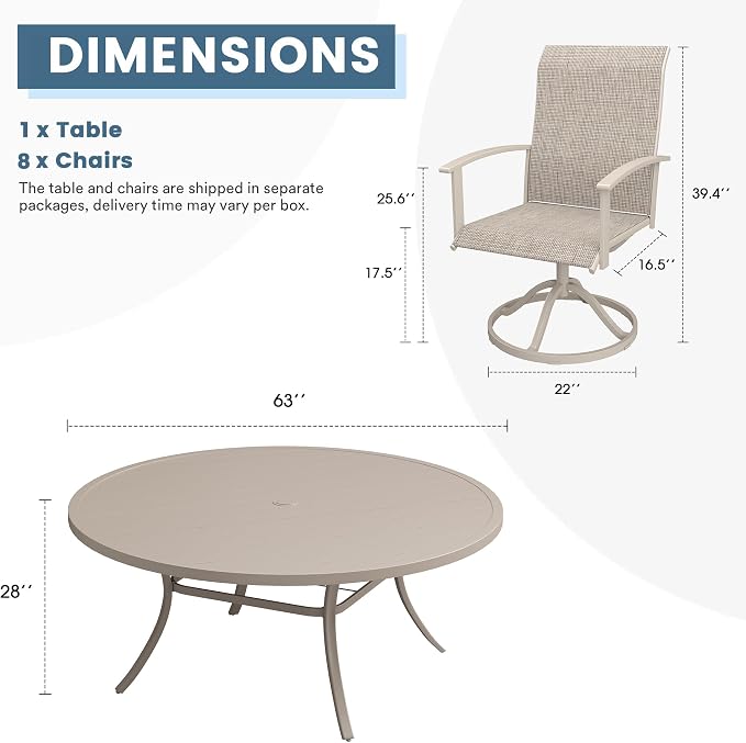DIFY 9 Pieces Outdoor Dining Set for 8, 63" Round Metal Table with Umbrella Hole and Textilene Swivel Patio Chairs, Patio Table and Chairs Set for Garden, Backyard, Poolside, Sandshell