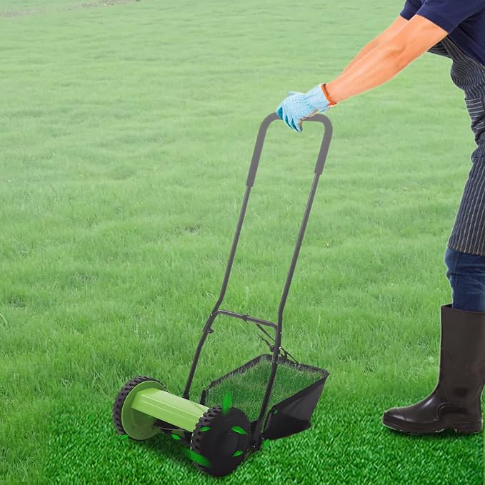 5 Steel Blades About 6 Gallons Large Capacity Manual Push Mower, Dual Wheel Lawn Mower Hand-Powered Clipper Walk-Behind Trimmer with Adjustable Height for Garden Yard Lawn Care