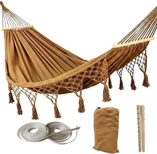 Boho Fringe Hammock with Carry Bag and 2 Tree Straps, 2 Person Fabric Hammock, 500 lb Capacity for Backyard, Porch, Patio, Camping, Indoor Outdoor Use