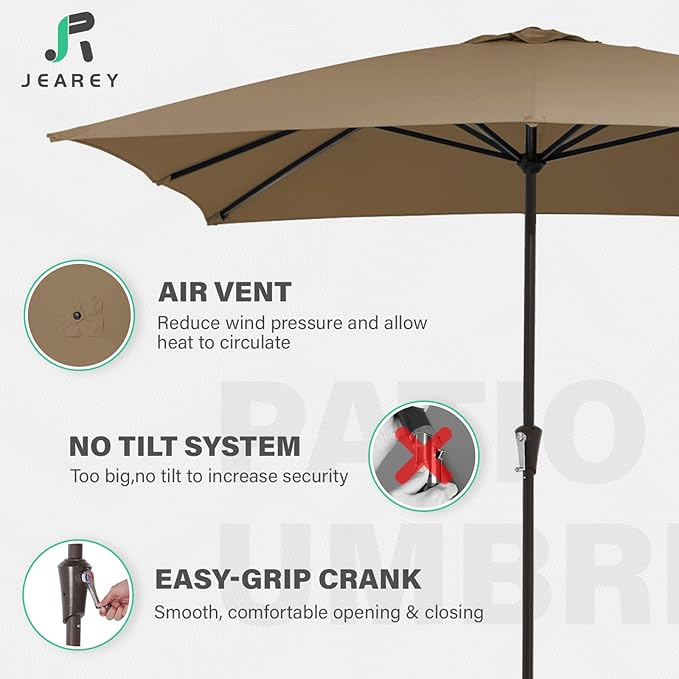 JEAREY 8x10 ft Rectangular Patio Umbrellas Outdoor Table Market Umbrella w/Crank, 8 Sturdy Ribs, UV Protection Windproof Sunproof for Garden, Deck, Backyard, Pool(Sand)