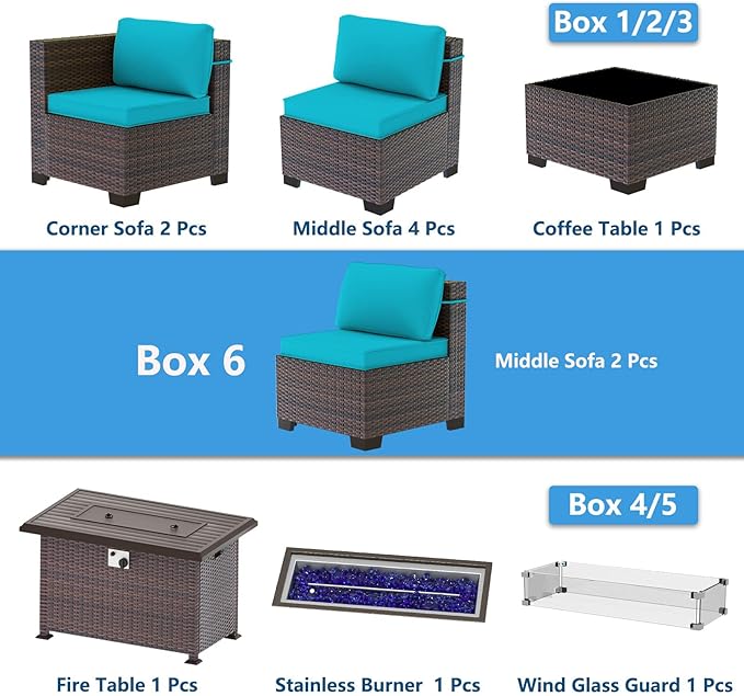 Outdoor Patio Furniture Set with Gas Fire Pit Table, 10 Pieces Outdoor Furniture Set Patio Sectional Sofa w/43in Propane Fire Pit, PE Wicker Rattan Patio Conversation Sets -Blue.