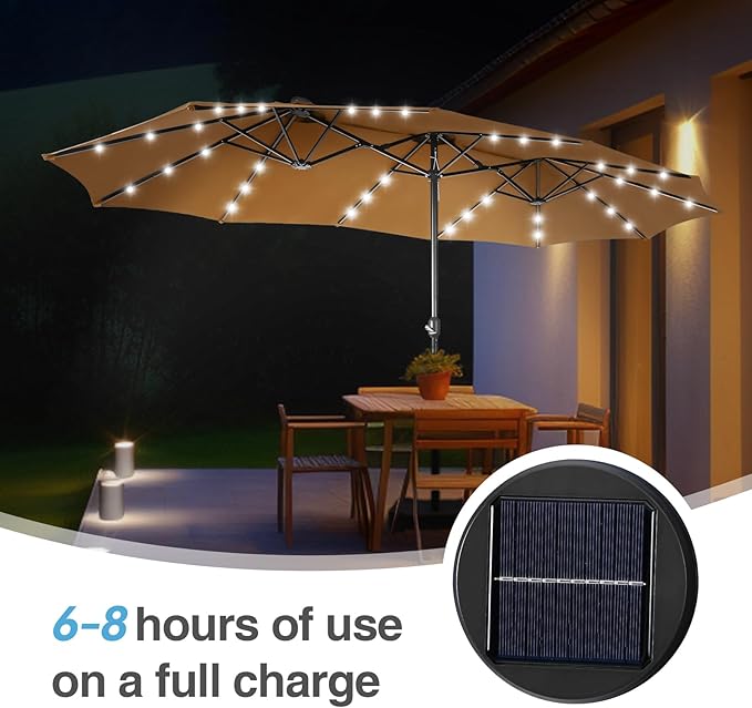 GREEN PARTY 15 ft Large Outdoor Patio Umbrella with Solar Led Lights & Base Included, Double-Sided Rectangular Table Umbrella with Stand, Market Umbrellas for Deck Poolside Garden Backyard, Tawny