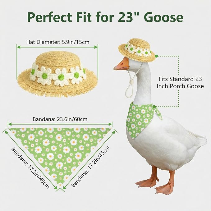 Daisy Porch Goose Outfits–2Pcs Cute Spring Goose Costumes for Porch Goose with Daisy Print Bib & Hat, Fit 23 Inch, Spring Summer Goose Decor for Garden Yard Patio