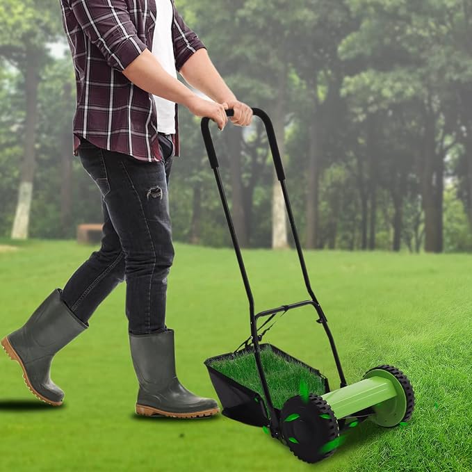 Xuthusman 12inch Adjustable Lawn Mower Manual Reel Push Walk-Behind Dual Wheeled Grass Cutter Sweeper with 23L Collection Bag 5 Blade Green