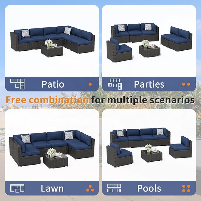 Oakcloud 7-Piece Outdoor Patio Furniture Sofa Set Black Rattan Wicker Sectional Conversation Sets with Glass Top Table and Cushions(Dark Blue)