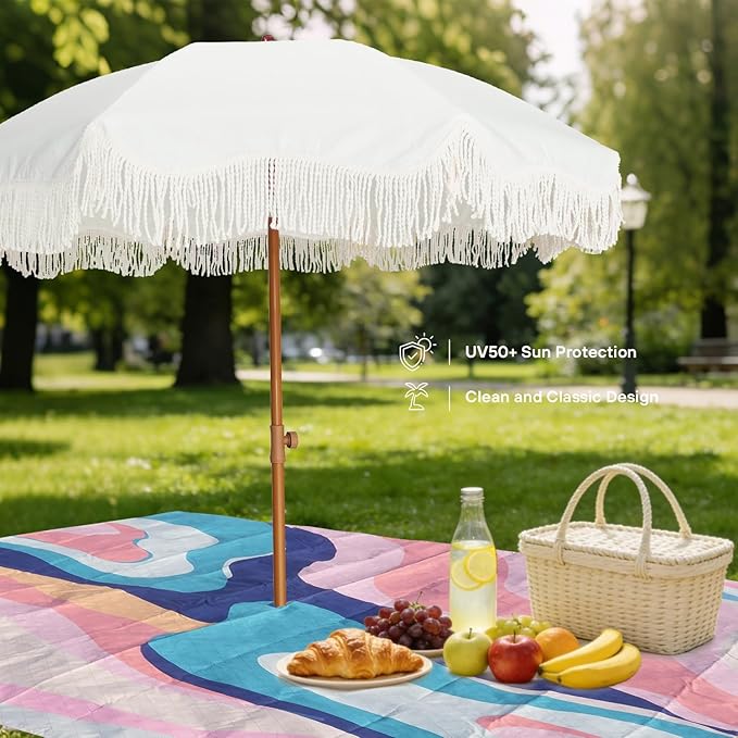 AMMSUN Boho Fringe Umbrella with Beach Blanket, 6.5ft UPF50+ Picnic Umbrella with Tassels with Steel Pole & Push Button Tilt, Antique White