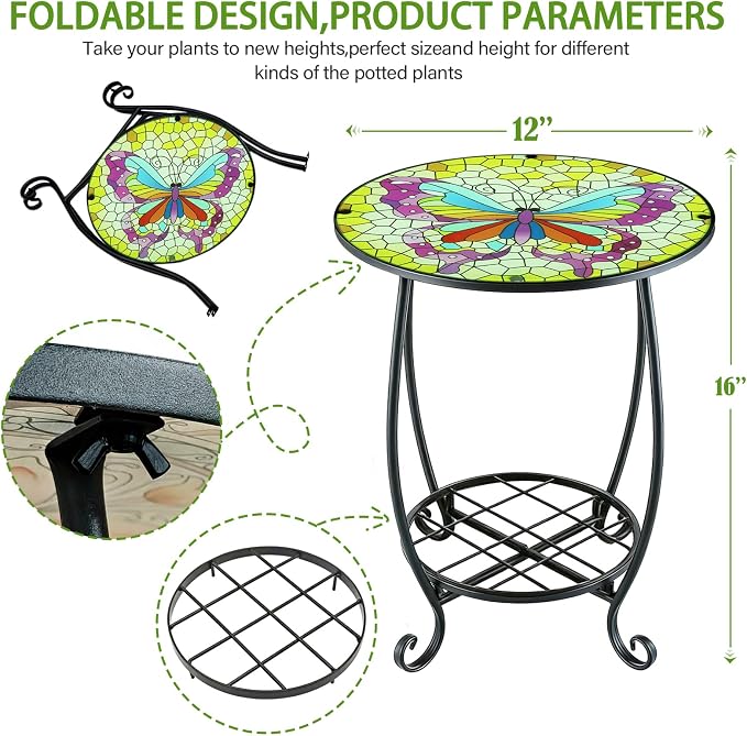 Arbuxzuy 12 Inch Small Outdoor Side Table with Colorful Butterfly, Glass Mosaic Patio Table Indoor, Round Plant Coffee Table for Living Room, Balcony, Garden（Butterfly Style）