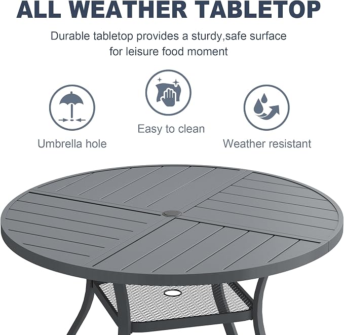 VICLLAX 40.6" Round Patio Dining Table for 4, All Weather Metal Outdoor Table with 1.57" Umbrella Hole and Storage Shelf for Garden Lawn Deck, Dark Grey