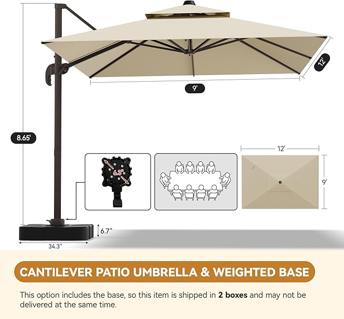 GENTEACO 9x12FT Cantilever Patio Umbrella with Base Included, Double Top Rectangle Offset Umbrella 7 Angle Tilts & 360° Rotation, Large Heavy Duty Outdoor Sun Umbrella for Pool Market, Beige