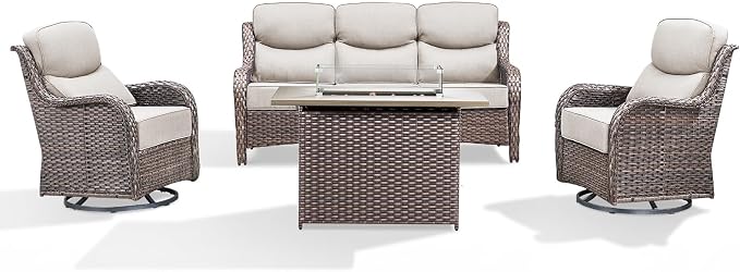 Luxury Patio Furniture Set with 6-inch Thick Cushion, Outdoor Furniture with Fire Pit Table, Swivel Chairs, Sofa, 4pcs Wicker Conversation Set for Deck Yard and Poolside(Brown Wicker/Beige Cushion)