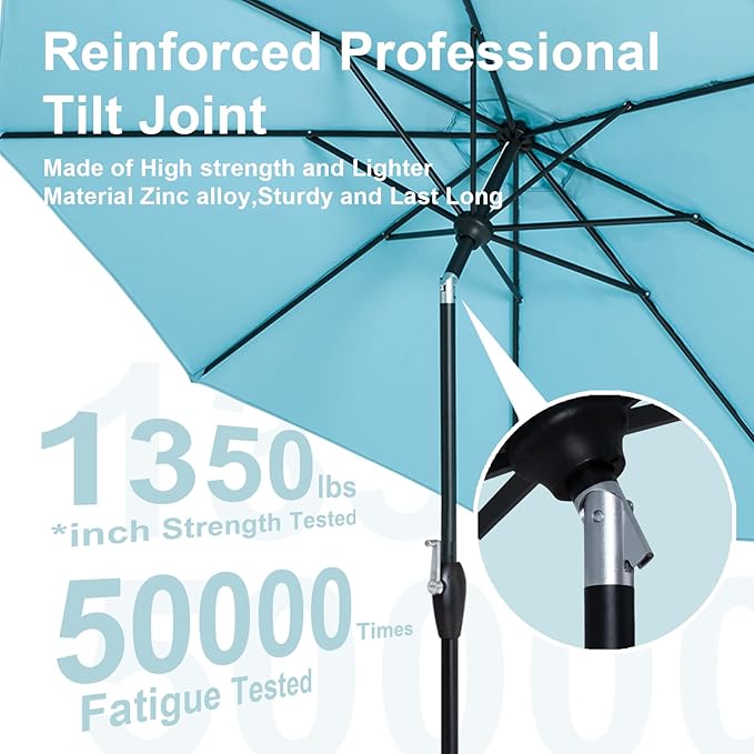 Tempera Striped Patio Umbrellas Outdoor Table Market Umbrellas with Crank & Pust Button Tilt|Auto-Tilt, 8 Steel Ribs, High Color-Fastness Canopy