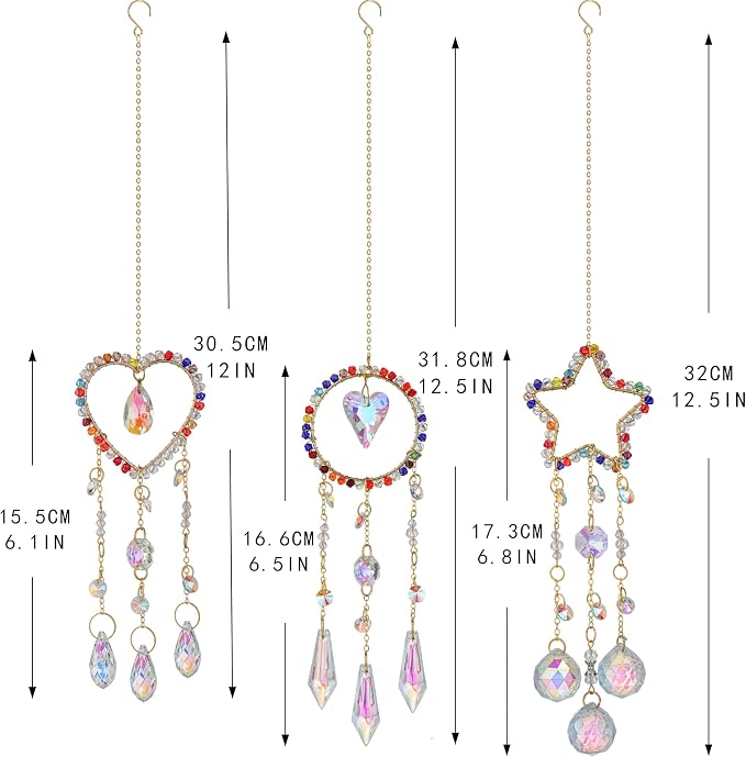 3 Pcs Crystal Suncatcher Rainbow Maker Star Heart Moon Window Decor | Star Heart Moon Crystal Suncatcher Rainbow Prism Pendant Hanging for Window Indoor Garden Car Home Display Decor