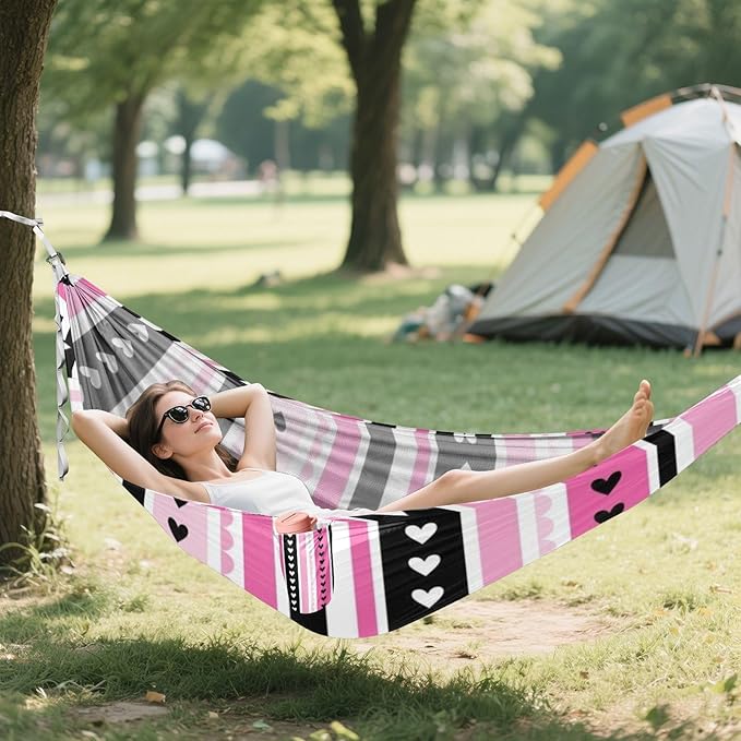 Black and Pink Valentine Heart Stripes 330lb Capacity Hammocks with Tree Straps Hanging Hammock for Outside Beach Patio Garden macas mexicanas de Patio para Adulto