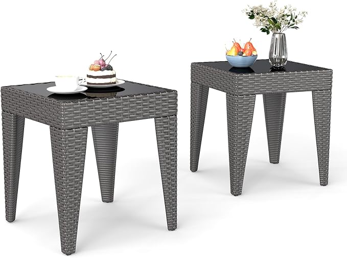 Kinfant Rattan Patio Side Table - Set of 2 Modern Wicker End Table, PE Coffee Table with Glass Top, Weather-Resistant Patio Furniture for Patio, Balcony, Garden, and Poolside (2, Rattan Black)