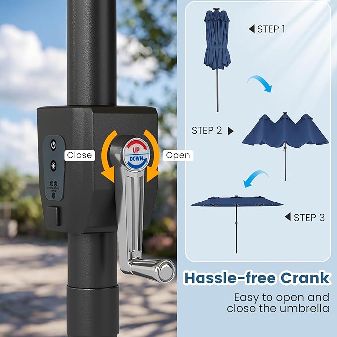 Tangkula 13 Ft Solar Patio Umbrella, Double-Sided Extra Large Outdoor Market Table Umbrella with Multi-Colored Flowing LED Lights, Crank Handle, 12 Sturdy Ribs for Poolside, Garden & Backyard (Navy)