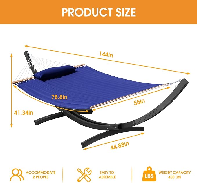 Lazy Daze Hammocks 12 FT 2 Person Quilted Hammock with Black Curved Metal Heavy Duty Stand and Pillow for Outside, Backyard, Patio, 450 Lbs Capacity, Blue