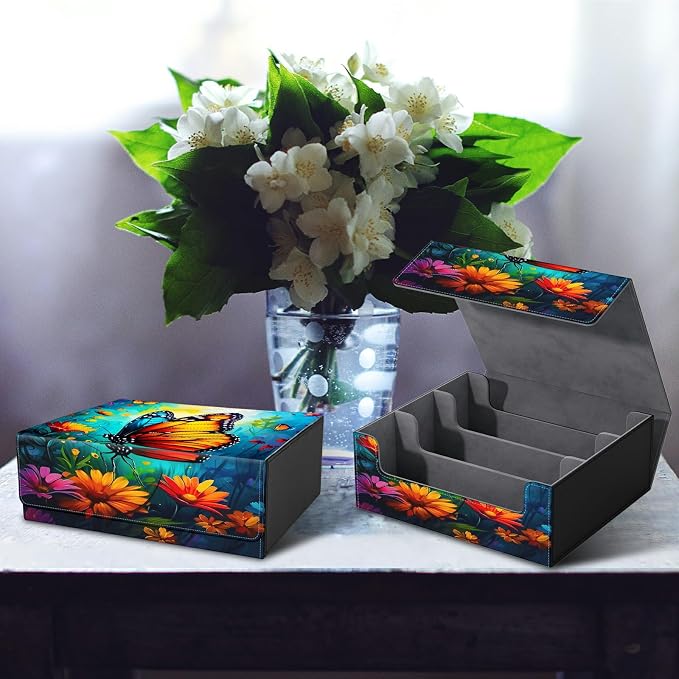 Card Deck Box for MTG, Cards Storage Box Fits 120+ Sleeved, Leather Big Size Strong Magnetic Closing Case for Board Games Magic TCG CCG Baseball Collection Women Man, Butterfly Blue Sky