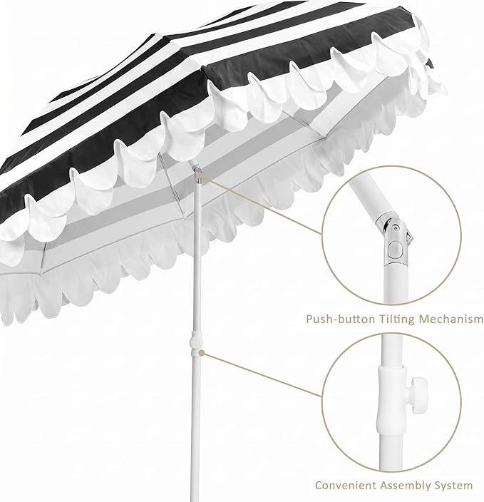6.5Ft Valance Beach Umbrella, Classic Scalloped Fringe Umbrella with Push Button Tilt, UPF50+ Portable Outdoor Umbrellas with Carry Bag for Patio Garden Pool