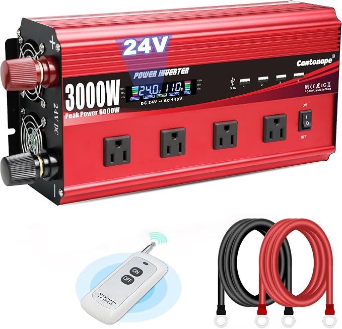 Cantonape 3000W Power Inverter 24V to 110V/120V DC to AC with LCD Display, Remote Controller 4 x AC Outlets and 4 x 3.1A USB Car Adapter for Car Truck Boat RV Solar System
