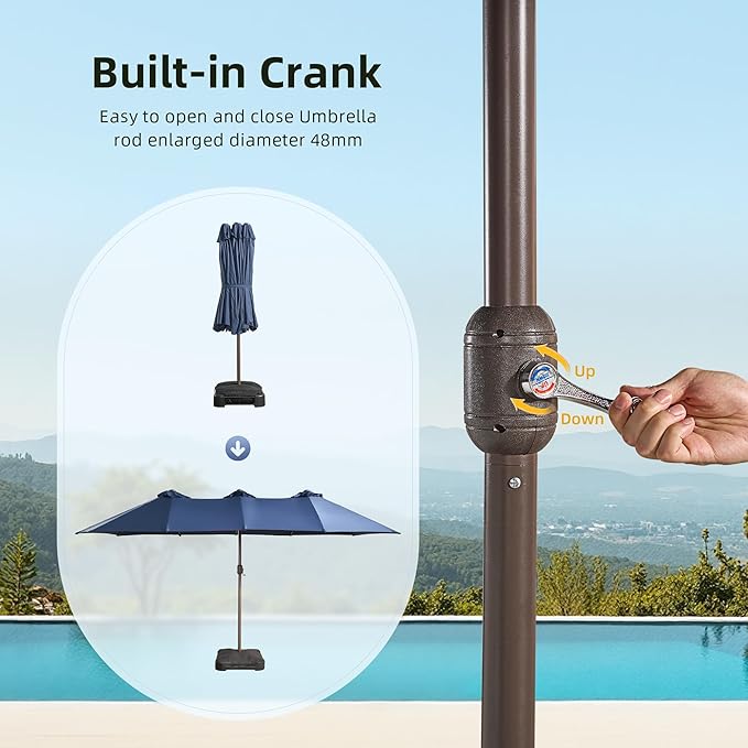 15ft Patio Umbrella with Base Included, Rectangle Double Patio Umbrellas with Crank Handle 12 Ribs, Heavy Duty Large Table Umbrella for Pool Deck Garden Party Commercial