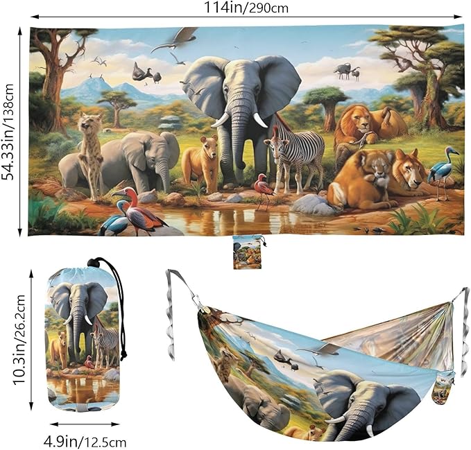FRMG Elephant African Animal Hammock 500 lbs Capacity Portable Hammocks with Tree Straps & Attached Carry Bag, Camping Essentials Gear 2012268a