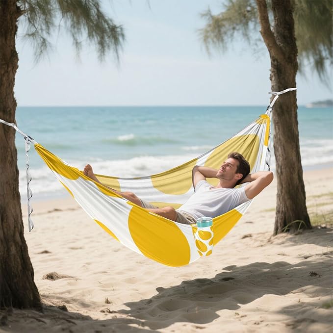 Yellow Spots on White Background 330lb Capacity Camping Hammocks with Hanging Rope Fabric Hammock for Patio Backyard Lounge Base hamaca con Base para adultos
