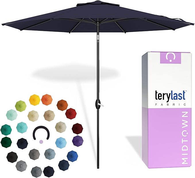 Midtown Umbrellas - 10-Year-No-Fade 6 Ft Patio Umbrella with Terylast Fabric, Auto-Tilt Aluminum Frame and 8 Reinforced Ribs for Deck, Pool, Garden & Beach - Navy Blue Canopy, Black Pole