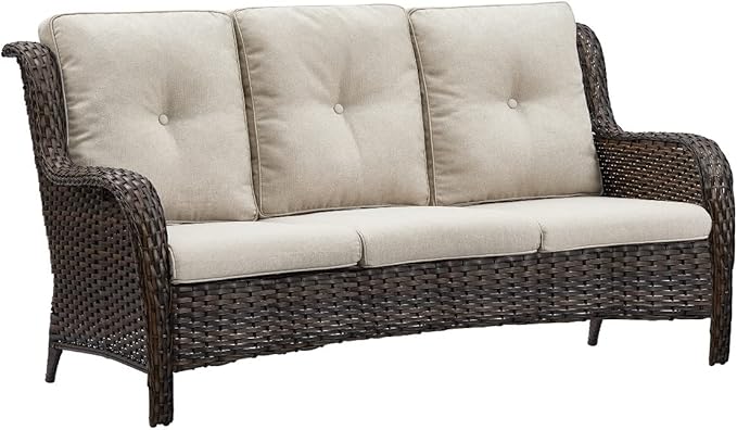 Rilyson Outdoor Couch Wicker Patio Sofa - 3 Seat Rattan Sofa with Deep Seating and Comfortable Cushions for Outside Porch Deck Balcony Garden(Brown/Beige)