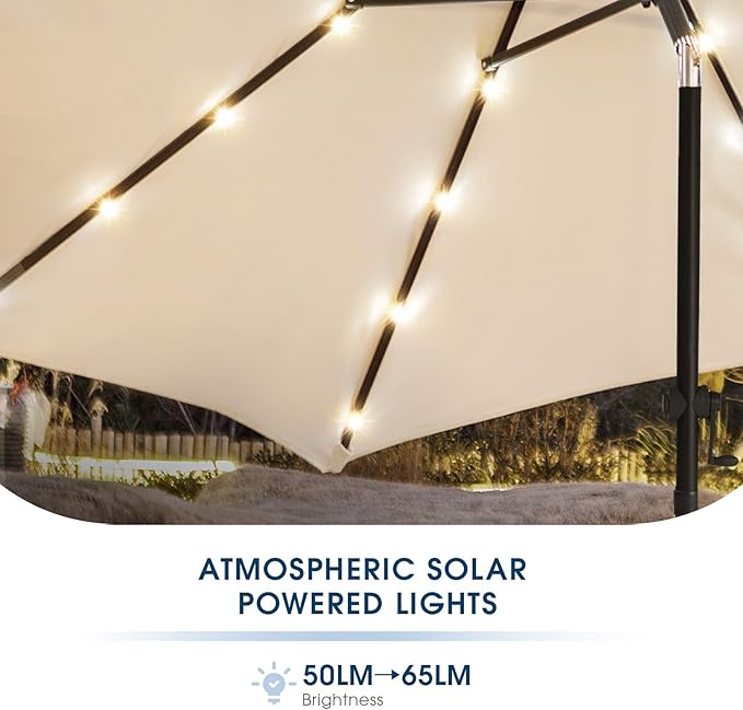 wikiwiki 7.5ft Solar Led Patio Umbrella, Sturdy Outdoor Market Umbrella for Deck, Pool, Garden w/Tilt, Crank, 18 LED Lights, Beige
