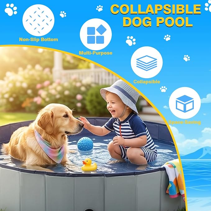 Eooqi Foldable Dog Pool, Collapsible Pet Bath Tub & Kiddie Wading Pool, Portable Hard-Side Dog Swimming Pool for Puppies, Small & Medium Dogs, Cats and Kids (Gray, 39.5"-M)