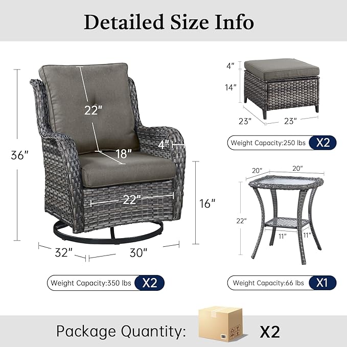 Outdoor Patio Furniture Set-5 Piece Outdoor Swivel Rocker Chairs with Ottomans Patio Furniture Set for Deck Balcony Poolside Backyard-Grey/Grey